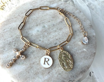 First Communion Bracelet Girl Gold | Personalized Initial Catholic Bracelet Child | Miraculous Medal Cross Charm Baptism Gift Jewelry
