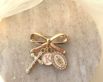 Personalized Catholic Baptism Pin Baby Gift, Initial Brooch for Godchild, Our Lady of Guadalupe Medal & Cross, Gold Blessing Pin