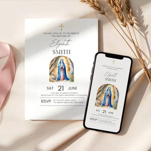 Invito digitale per il battesimo della Vergine Maria, biglietto floreale personalizzabile per la celebrazione religiosa, design stampabile di Nostra Signora di Lourdes per Canva