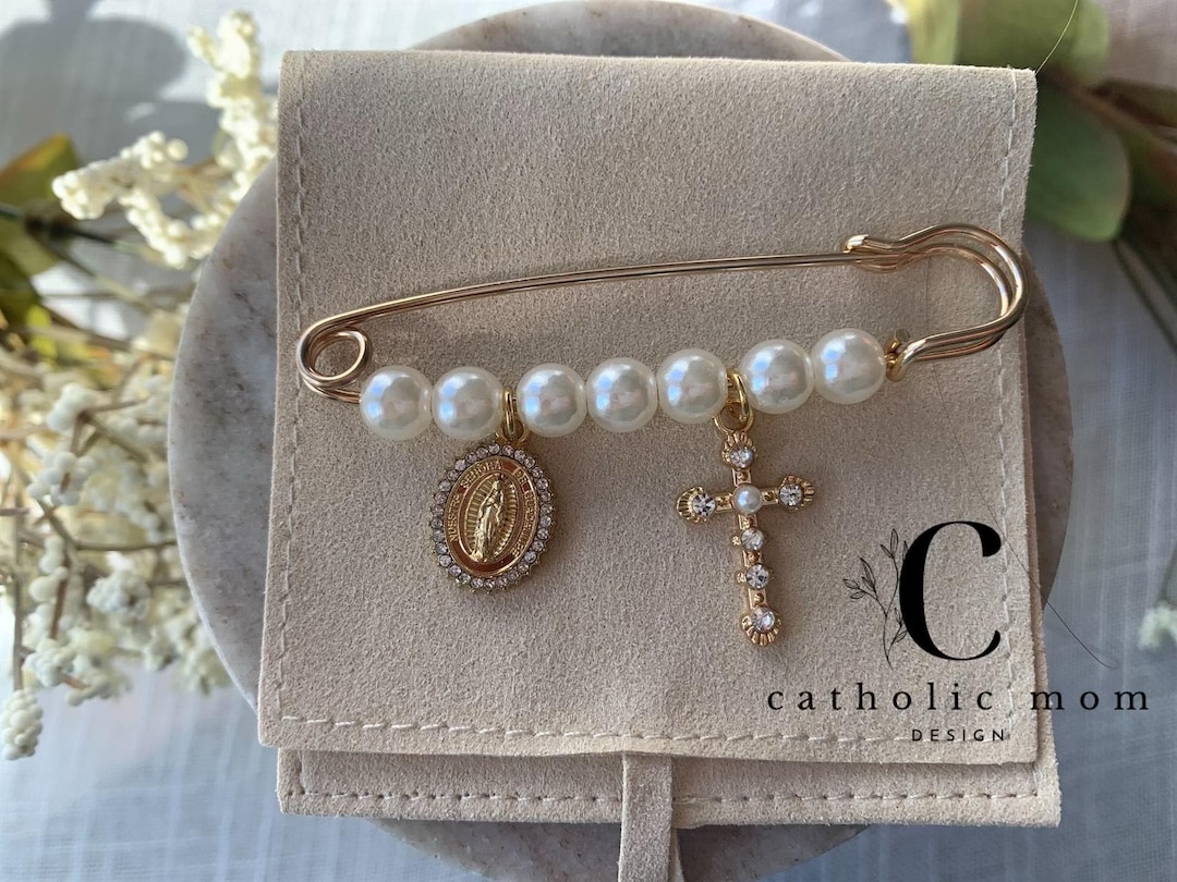 Gold Pearl Baptism Keepsake Pin | Our Lady of Guadalupe Protection Pin ...