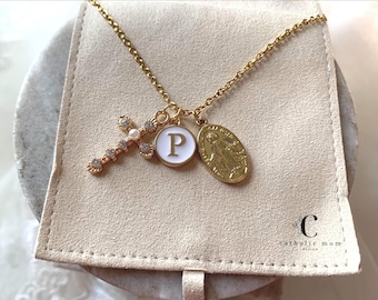 Personalized Graduation Gift for Her Catholic Necklace with Cross & Virgin Mary | Christian Grad Gift for Teen Girl Gold Initial Necklace