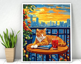 May include: A framed paint-by-number art print featuring an orange tabby cat resting on a round wooden table on a balcony. The cat lies next to a blue book and a glass of red liquid. The background shows a city skyline under a vibrant sunset.