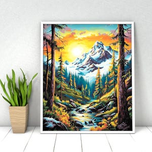 DIY Paint by Numbers Kit: Forest Mountain Landscape Acrylic Painting