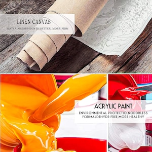 May include: Close-up of a paint-by-numbers kit with a rolled linen canvas and acrylic paint. The canvas is labeled "LINEN CANVAS" with the text "WATER ABSORPTION IS BETTER, MORE FIRM." The acrylic paint is labeled "ACRYLIC PAINT" with the text "ENVIRONMENTAL PROTECTIO.NODDRLESS FORMALDEHYDE-FREE, MORE HEALTHY."