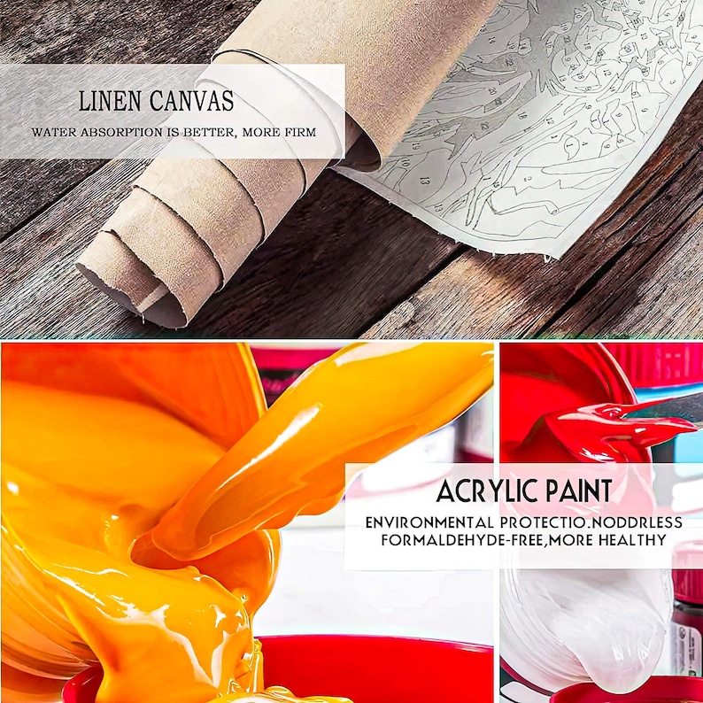 May include: Close-up of a paint-by-numbers kit with a rolled linen canvas and acrylic paint. The canvas is labeled "LINEN CANVAS" with the text "WATER ABSORPTION IS BETTER, MORE FIRM." The acrylic paint is labeled "ACRYLIC PAINT" with the text "ENVIRONMENTAL PROTECTIO.NODDRLESS FORMALDEHYDE-FREE, MORE HEALTHY."