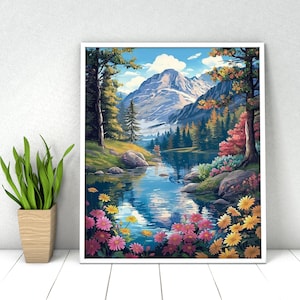Mountain Lake Paint by Numbers Kit: DIY Acrylic Painting for Adults