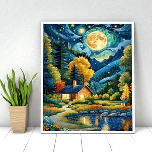 Paint by Numbers DIY Kit: Forest Lake Moon House Landscape - 16x20in