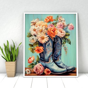 Paint by Numbers. DIY Kit for Adult. Cowboy Boots and Flowers. Paint it Yourself. Acrylic Painting. Home Decor. Wall Art Decor.