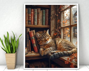 Cat Paint by Numbers Kit: Sleeping Cat & Bookshelf DIY Acrylic Painting