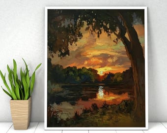 Paint by Numbers Landscape: Forest River Sunset, DIY Kit, Acrylic Painting for Adults