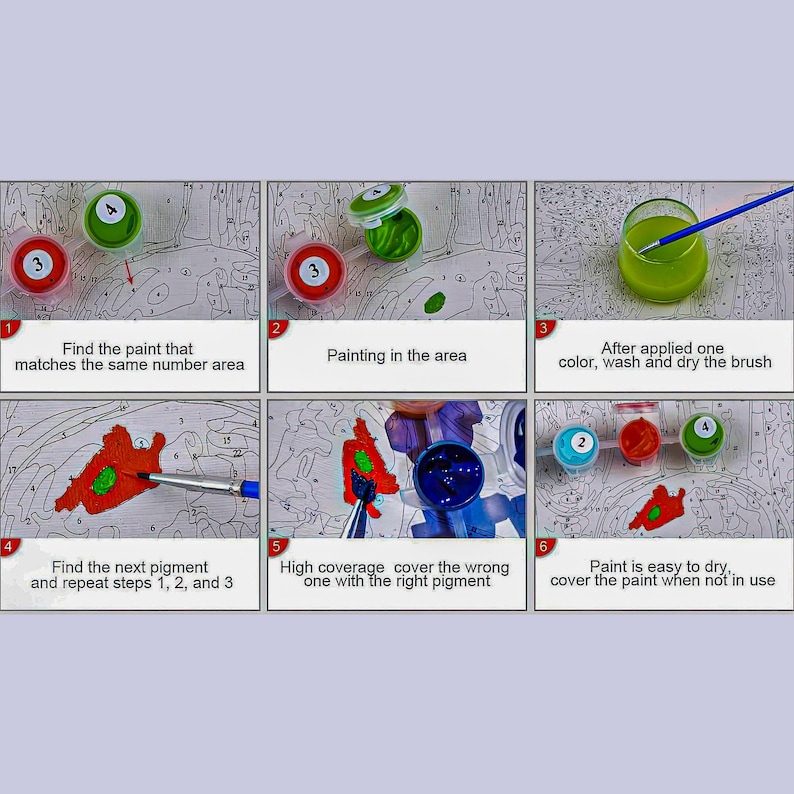 May include: A step-by-step guide for paint-by-number. The image shows paint pots, brushes, and a canvas with numbered sections. Instructions include finding matching paint, painting, washing brushes, and covering mistakes. Text includes "Find the paint that matches the same number area."