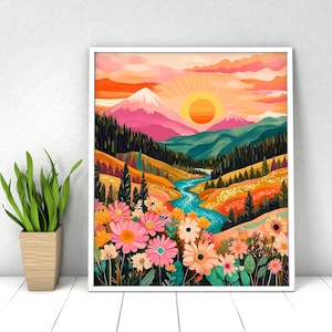 Floral Mountain Landscape Paint by Numbers DIY Kit