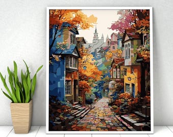 Town Street Paint by Numbers: DIY Kit Acrylic Painting, 16x20 Inches