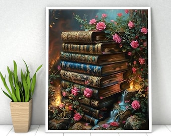 DIY Paint by Numbers Kit: Books and Flowers Landscape, Acrylic Painting