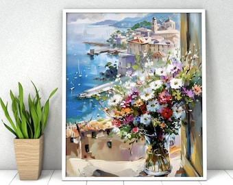 May include: A framed painting depicts a coastal scene with a vibrant bouquet of flowers in a glass vase. The artwork showcases a view of a town by the sea, with boats and buildings. The flowers are a mix of colors.