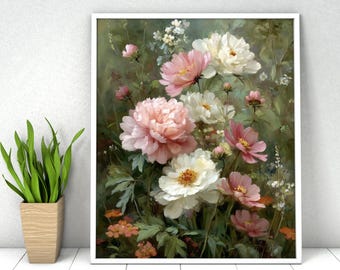 May include: A rectangular wall art print featuring an oil painting of a lush garden scene with large, layered pink and white peony flowers, smaller delicate blossoms, and green foliage set against a soft, muted, and painterly background.