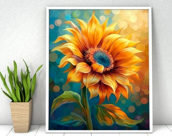 May include: A vibrant yellow sunflower with a dark brown center and blue accents, painted in a realistic style against a blue and green background with blurred yellow circles.