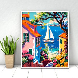 Paint by Numbers Landscape. DIY Kit for Adult. Sea Coast Seaside Town. Paint it Yourself. Acrylic Painting. Home Decoration. Wall Art Decor.