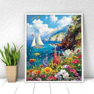 Paint by Numbers Seascape. DIY Kit for Adult. Ocean Coast Flowers Sailboat. Paint it Yourself. Acrylic Painting. Wall Art. Home Decor.