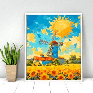 Windmill Landscape Paint by Numbers Kit: DIY Acrylic Painting, 16x20, Unframed