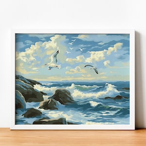 Paint by Number Seascape. DIY Kit for Adult. Ocean Beach Seagulls. Paint it Yourself. Acrylic Painting. Home Decoration. Wall Art Decor.
