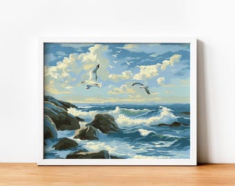 Seascape Paint by Number Kit: Ocean Beach Seagulls, DIY Acrylic Painting (20x16 in)