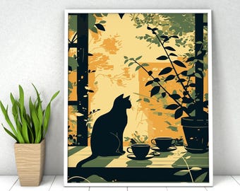 Cat Paint by Numbers Kit: Black Cat Sitting on Window, DIY Acrylic Painting