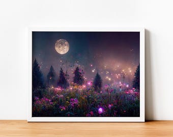 May include: A framed wall art print depicting a night scene with a full moon illuminating a dark forest and a field of vibrant pink, purple, and yellow wildflowers. The landscape features glowing light particles scattered throughout the misty air.