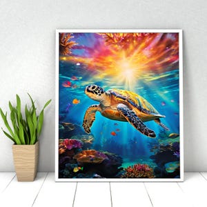 May include: A rectangular wall art print featuring a sea turtle swimming through a vibrant underwater scene. The image displays a colorful coral reef, small tropical fish, and a bright sunburst effect filtering through the deep blue water.