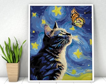 Cat Starry Night Paint by Numbers, DIY Kit for Adult (16x20in)