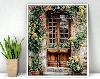 May include: A framed wall art print depicting a wooden door with a multi-pane window, surrounded by climbing vines with yellow and red flowers. Two potted plants with yellow flowers sit on the stone steps leading up to the entrance.