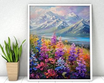 Landscape Paint by Numbers Kit: Wildflowers in Mountains DIY Acrylic Painting (16x20in)