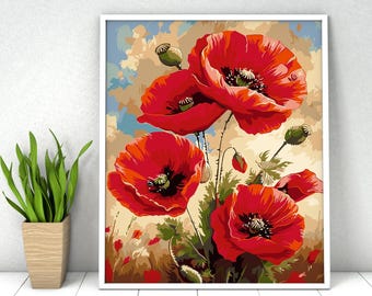 Floral Paint by Numbers Kit: Poppy Flowers, DIY Acrylic Painting, Wall Art