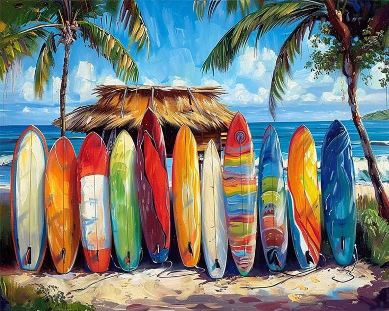 Paint by Numbers. DIY Kit for Adult. Surfboards Ocean Beach. Paint it Yourself. Acrylic Painting. Home Decor. Wall Art Decor. Relaxing Art.