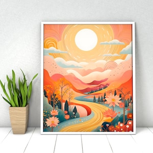 Abstract Landscape Paint by Numbers Kit: Sun, Mountain, Flower (16x20 in)