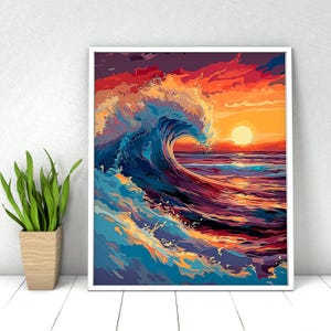 Paint by Numbers Landscape. Sea Wave Sunset. DIY Kit for Adult. Paint it Yourself. Acrylic Painting. Home Decor. Wall Art Decor.