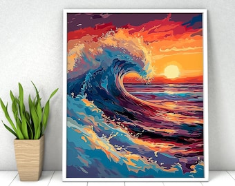 Sea Wave Sunset Paint by Numbers Kit: DIY Acrylic Painting (16x20 in)