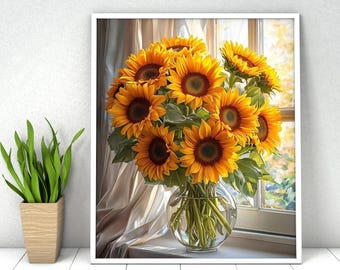 May include: A framed print featuring a vibrant bouquet of sunflowers in a clear glass vase. The sunflowers have bright yellow petals and dark brown centers. The vase sits on a windowsill with a sheer curtain in the background.