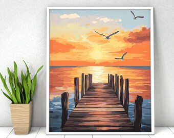 DIY Paint by Numbers Kit: Sunset Landscape, Seascape Ocean Coast, Acrylic Painting