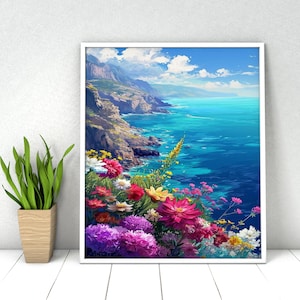 Paint by Numbers Landscape. DIY Kit for Adult. Sea Ocean Coast and Flowers. Paint it Yourself. Acrylic Painting. Home Decor. Wall Art Decor.