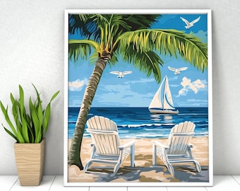 Sailboat Paint by Numbers Kit: Ocean Coastal Seascape, DIY Acrylic Painting