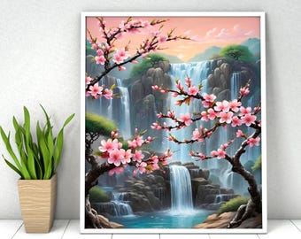 May include: A painting of a waterfall cascading down a rocky cliff, surrounded by pink cherry blossoms. The water is clear and blue, and the sky is a soft pink.