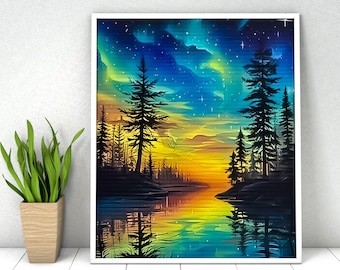 Paint by Numbers Kit: Starry Night Lake Forest Landscape, DIY Acrylic Painting