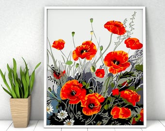 Poppies Paint by Numbers Kit: DIY Acrylic Landscape (16x20 in)