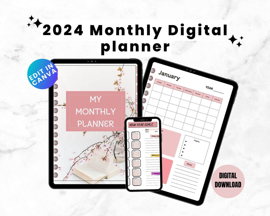 2024 Monthly Digital Hyperlink Planner With Self Care Habits and Budget ...