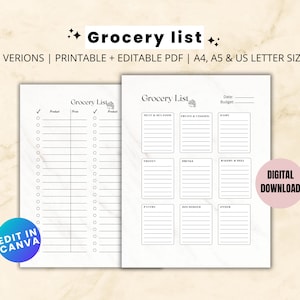 Grocery List Printable Template | Food Shopping Planner | Digital Grocery list | Food Journal | Goodnotes | Notability and Notion Templates