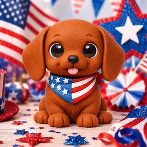 May include: A brown puppy figurine with large black eyes and a pink tongue, wearing a bandana featuring a red, white, and blue star and stripe pattern. The puppy is surrounded by patriotic decorations including American flags and stars.
