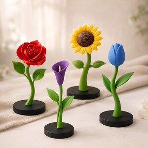 Könnte beinhalten: Vier farbenfrohe Blumenfiguren: eine rote Rose, eine lila Calla, eine gelbe Sonnenblume und eine blaue Tulpe. Jede Blume hat grüne Stiele und Blätter und steht auf einem schwarzen kreisförmigen Sockel. Die Sonnenblume hat eine braune Mitte.