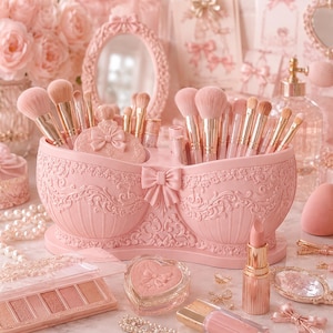 May include: A light pink makeup brush organizer with ornate relief detailing and a central bow. The container holds numerous makeup brushes with gold-toned ferrules. Surrounding the organizer are various cosmetics including a heart-shaped compact, a lipstick, an eyeshadow palette, and a perfume bottle.