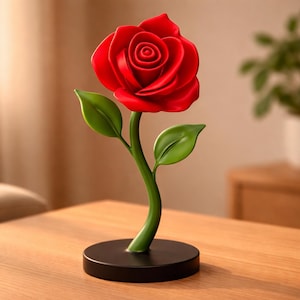 May include: A red rose sculpture with green leaves and stem, set on a black circular base. The rose is in full bloom, with detailed petals. The sculpture is a decorative item, likely for home decor.